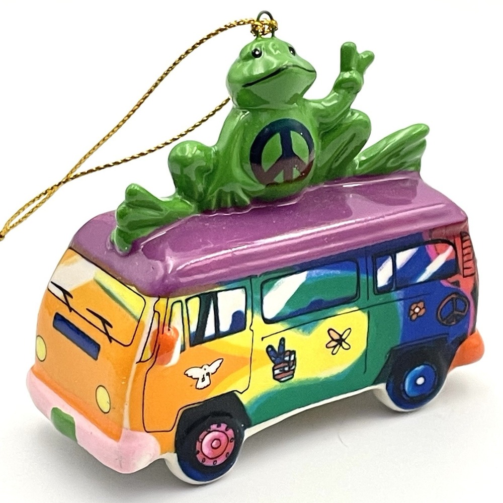 Peace Frogs VW Bus Inspired‎ Ceramic Christmas Tree Ornament Rainbow Hippie
